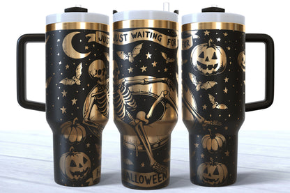 Summerween Skeleton Laser Engraved Tumbler | Just Waiting for Halloween | Silver, Gold & Rainbow Plated