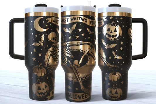 Summerween Skeleton Laser Engraved Tumbler | Just Waiting for Halloween | Silver, Gold & Rainbow Plated
