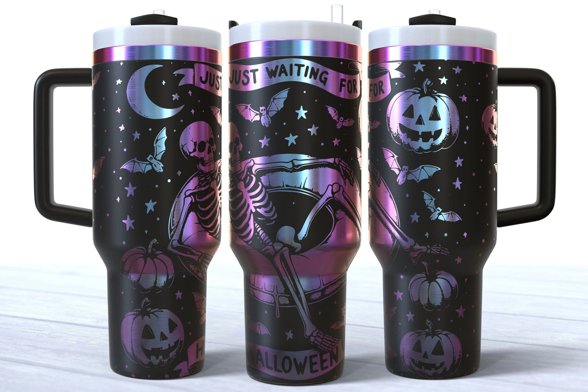 Summerween Skeleton Laser Engraved Tumbler | Just Waiting for Halloween | Silver, Gold & Rainbow Plated