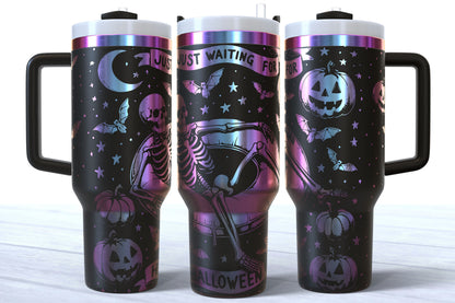 Summerween Skeleton Laser Engraved Tumbler | Just Waiting for Halloween | Silver, Gold & Rainbow Plated