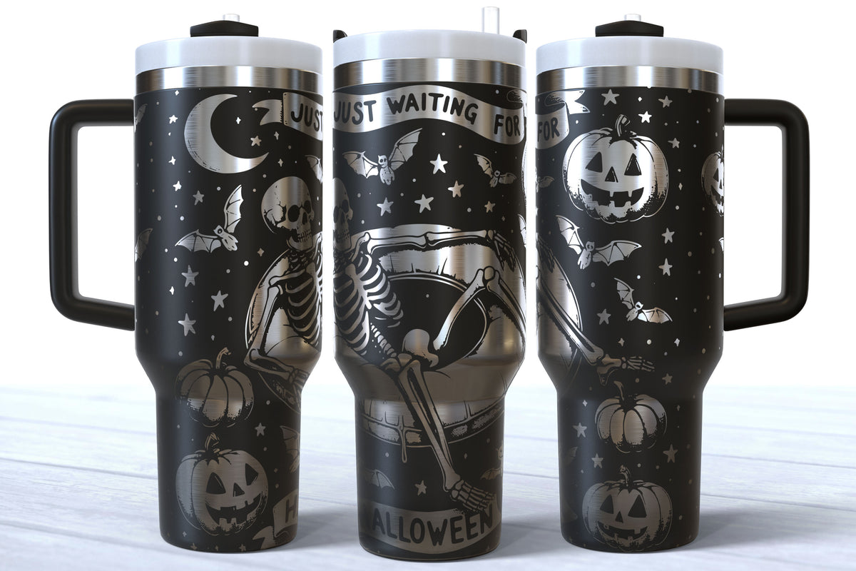 Summerween Skeleton Laser Engraved Tumbler | Just Waiting for Halloween | Silver, Gold & Rainbow Plated