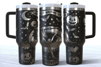 Summerween Skeleton Laser Engraved Tumbler | Just Waiting for Halloween | Silver, Gold & Rainbow Plated