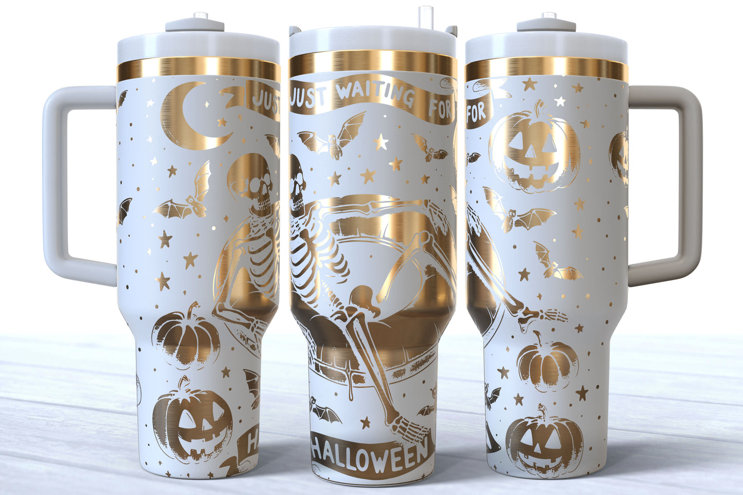 Summerween Skeleton Laser Engraved Tumbler | Just Waiting for Halloween | Silver, Gold & Rainbow Plated