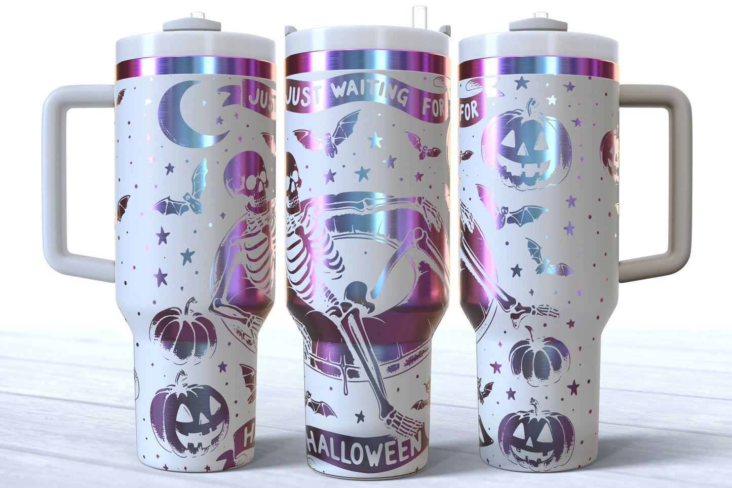 Summerween Skeleton Laser Engraved Tumbler | Just Waiting for Halloween | Silver, Gold & Rainbow Plated