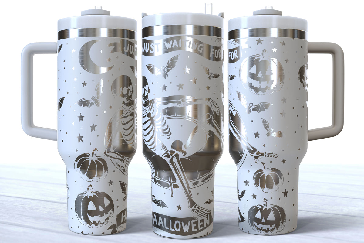 Summerween Skeleton Laser Engraved Tumbler | Just Waiting for Halloween | Silver, Gold & Rainbow Plated