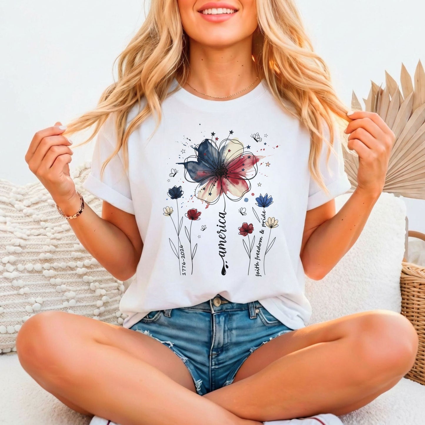 America Faith Freedom Pride 1776–2026 Floral Tee | Bella Canvas 3001