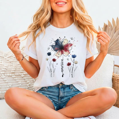 America Faith Freedom Pride 1776–2026 Floral Tee | Bella Canvas 3001