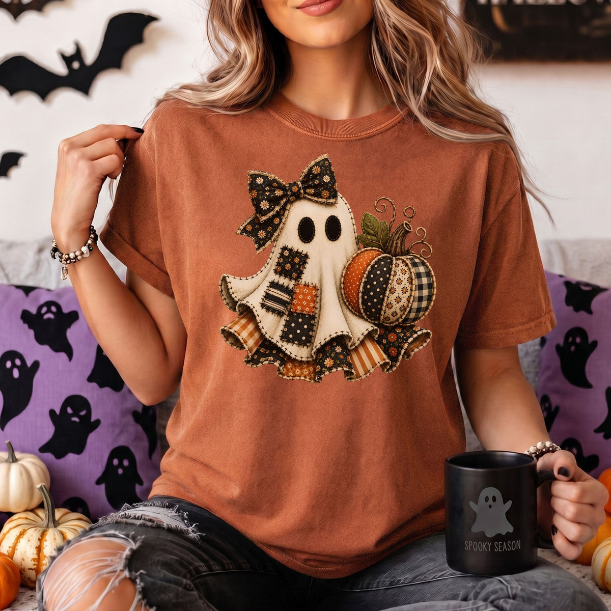 Patchwork Ghost Halloween Comfort Colors Tee, Long Sleeve or Sweatshirt | C1717, 4410 & 1566