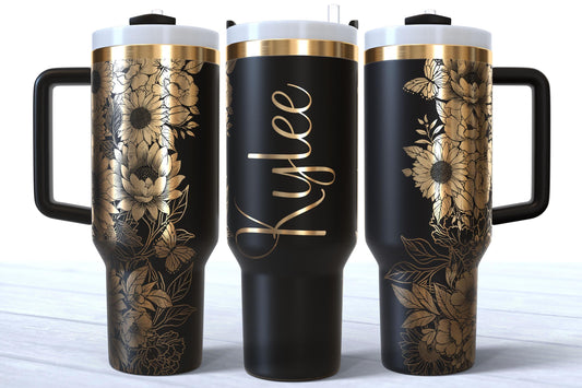 Personalized Floral Engraved 40oz Tumbler, Custom Name Travel Cup