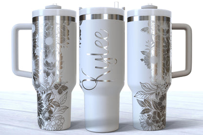 Personalized Floral Engraved 40oz Tumbler, Custom Name Travel Cup