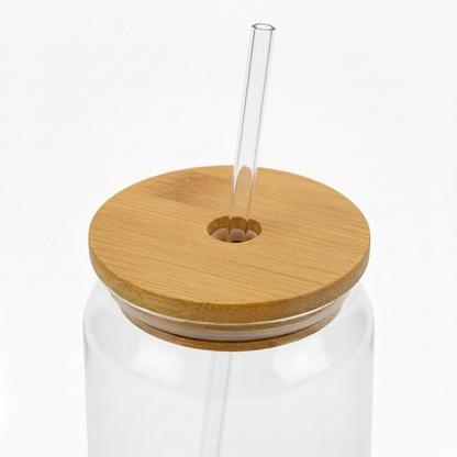 Bamboo lid with clear straight straw for glass can. Put a clear straw guide in the middle hole
